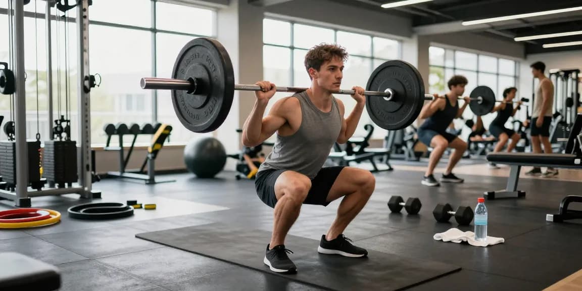 Bodybuilder at Steroide Boutique performing barbell squats in bright gym, showcasing strength training techniques.