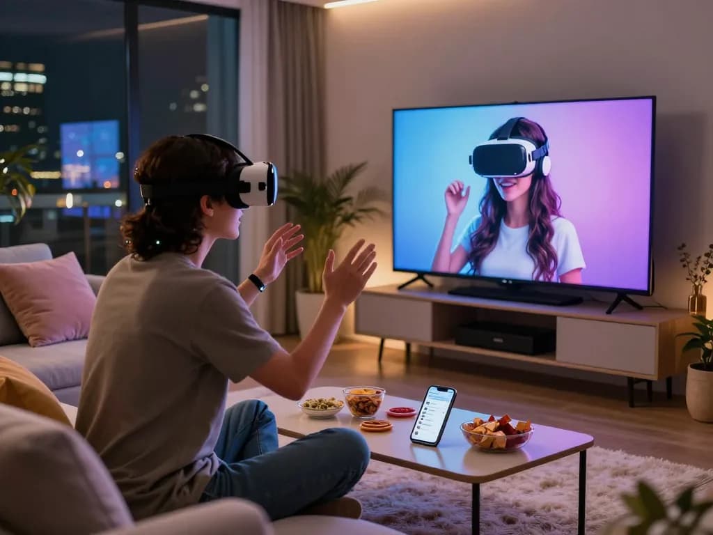 A person interacting with a girlfriend AI in a cozy living room, showcasing an engaging virtual reality experience.