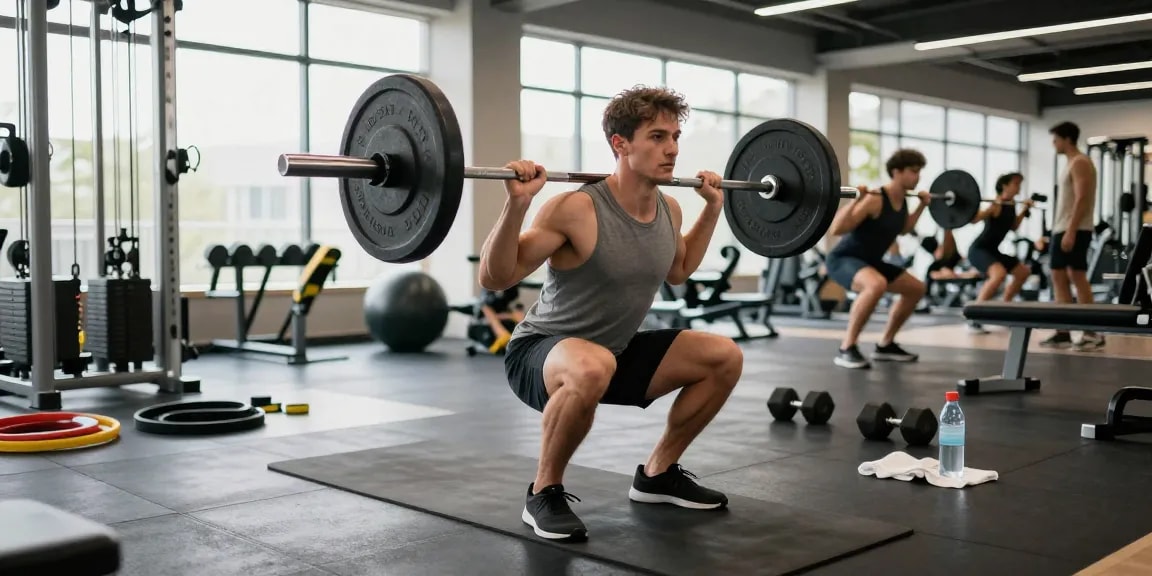 Bodybuilder at Steroide Boutique performing barbell squats in bright gym, showcasing strength training techniques.