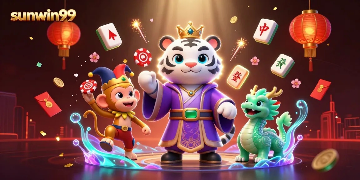 Play and win at sunwin99 with a vibrant casino scene featuring a tiger, monkey, and dragon!