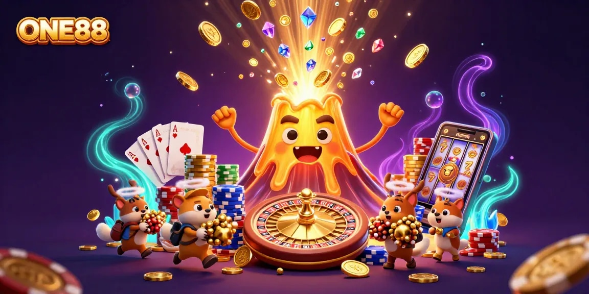 Experience thrilling adventures with ONE88 as golden treasures erupt from a volcano in a vibrant casino scene.