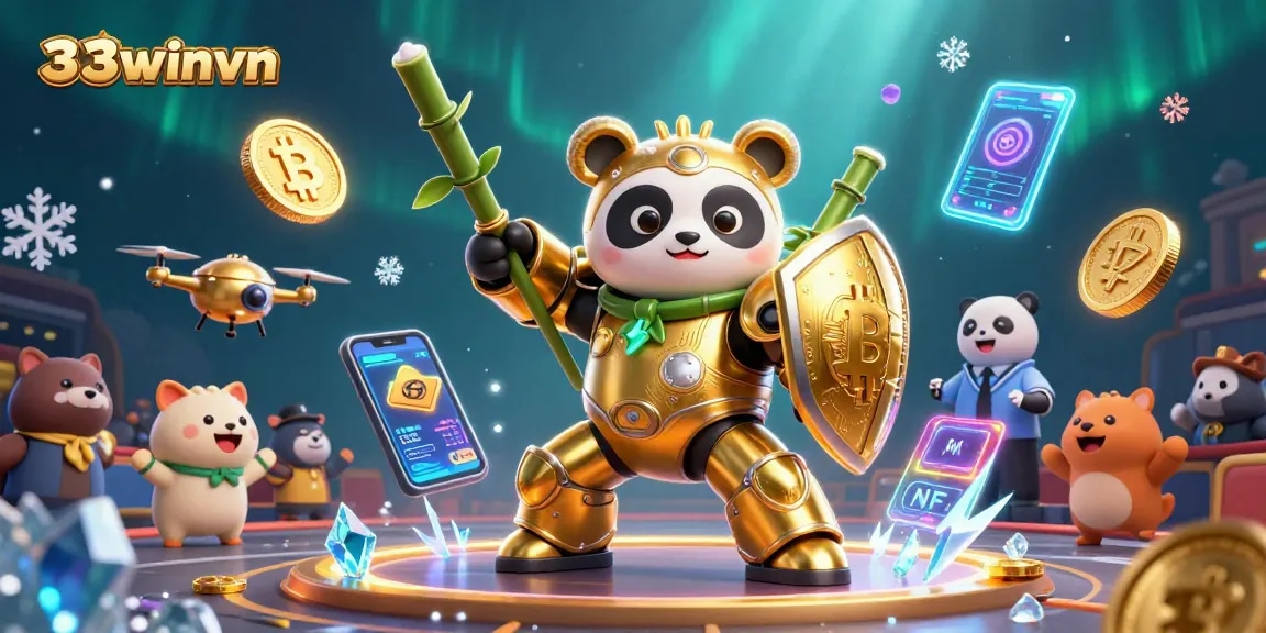 Engage with 33winvn as you dive into a vibrant 3D gaming spectacle featuring crypto elements and a unique panda robot.