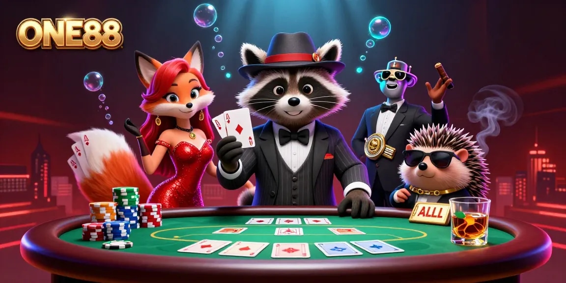 Engage in thrilling poker action with ONE88 illustrated by a suave raccoon, fox, and a hedgehog in a lively casino.