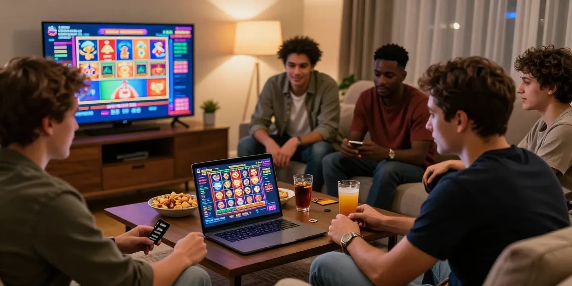 Engaging group exploring credit card casinos on laptop, vibrant online gaming atmosphere.