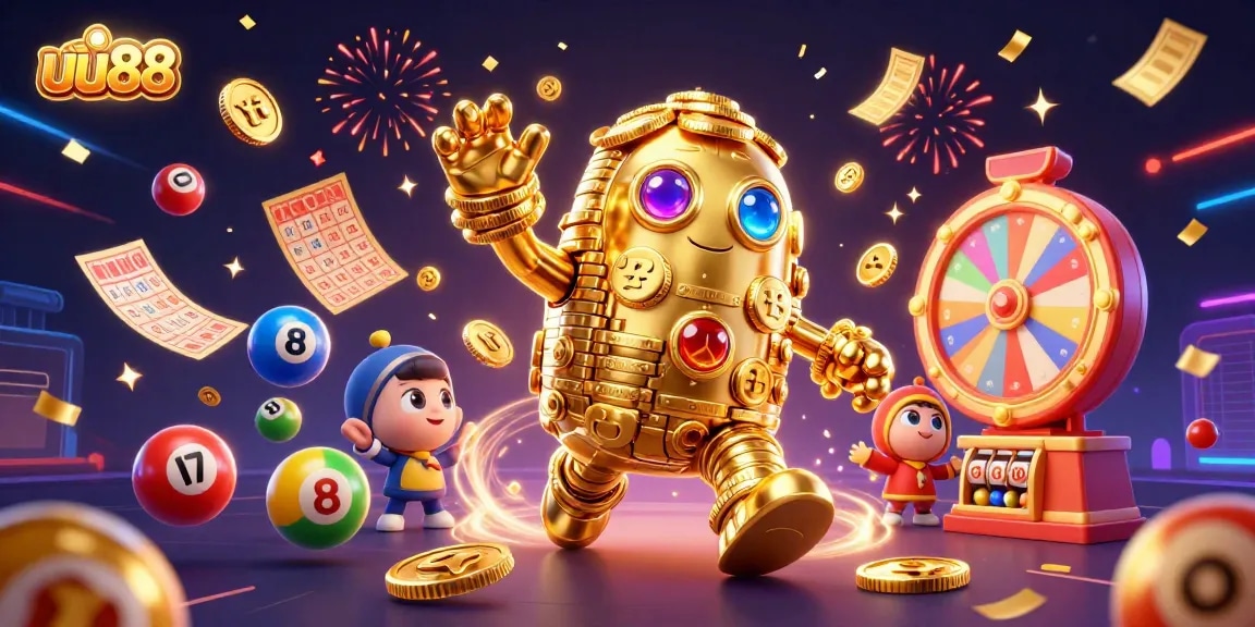 Play exciting games at uu88, surrounded by vibrant elements like lottery balls and golden tickets.