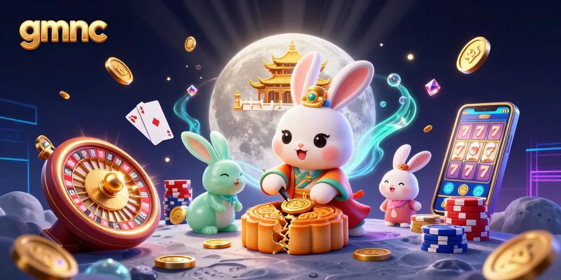 Spin with gmnc's playful moon rabbit revealing poker chips in a vibrant 3D casino scene.