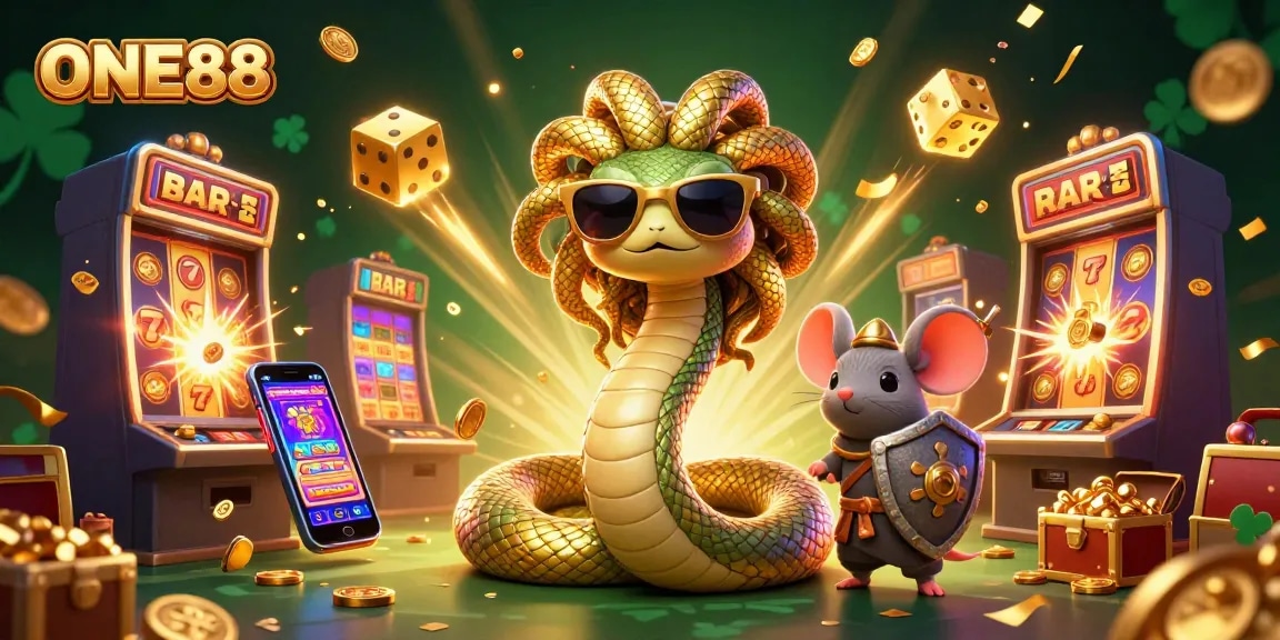 Experience the thrilling ONE88 jackpot scene with Medusa and a warrior mouse amidst rich casino elements.