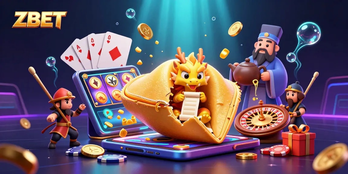 ZBET shows vibrant casino scene with a giant fortune cookie, wise dragon, and gaming elements enriching the experience.