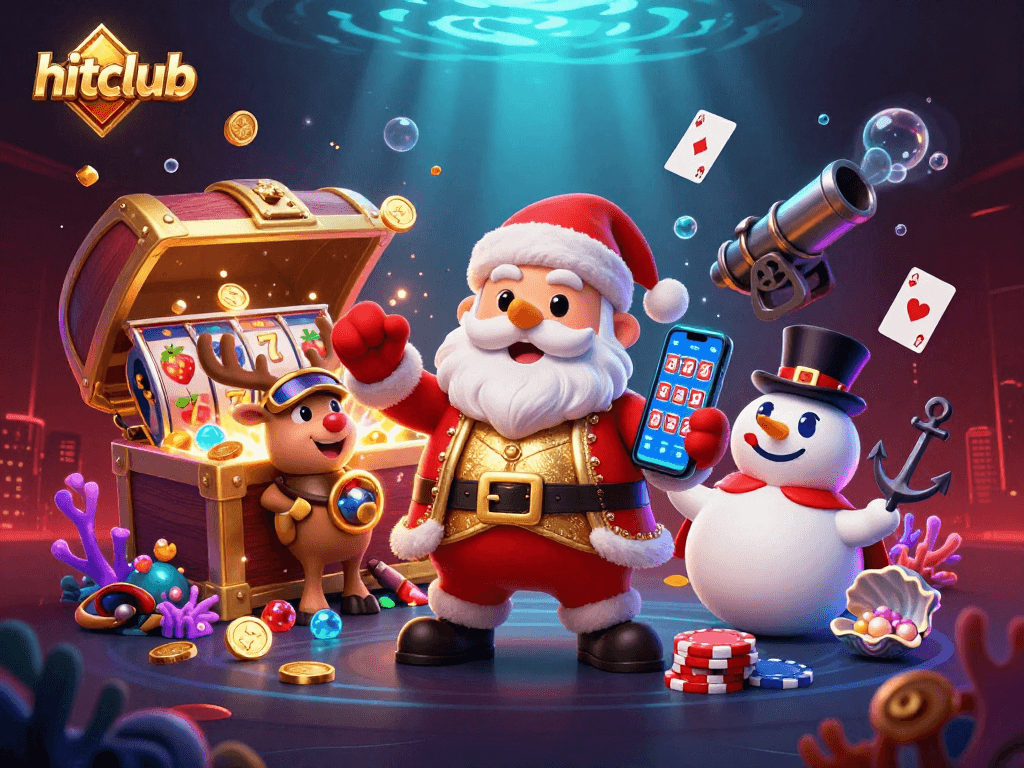 Hitclub Santa spins jackpot slots with festive friends in a vibrant casino scene.
