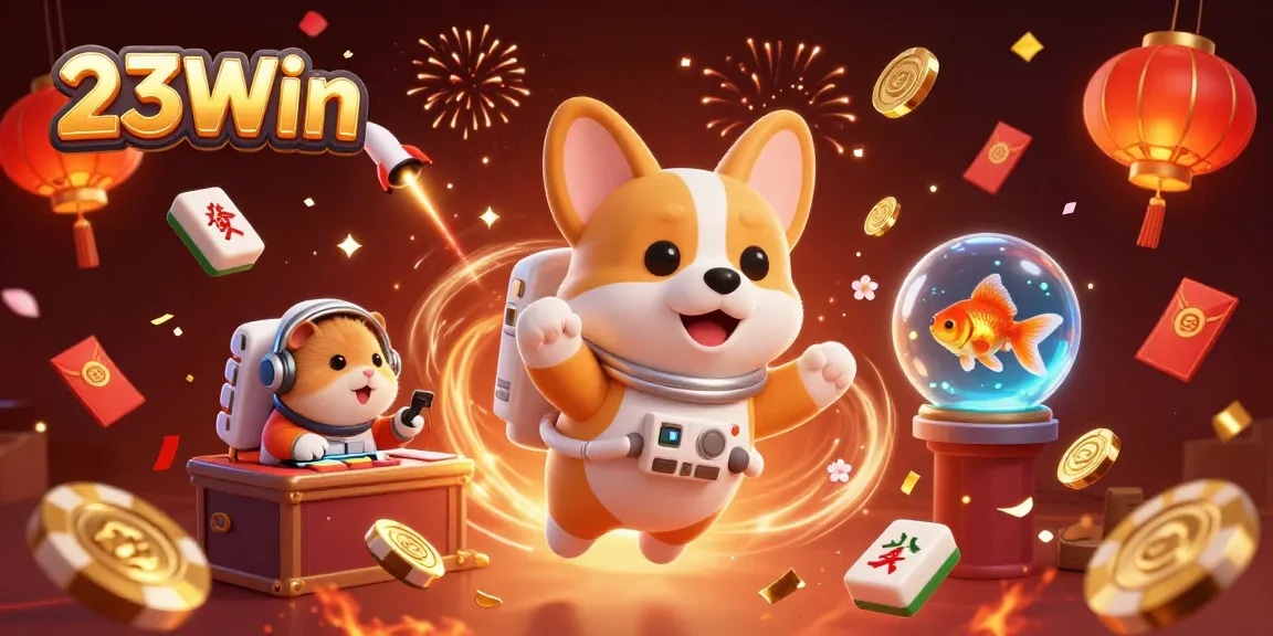 Experience the excitement of 23Win with a 3D floating astronaut corgi and dynamic casino elements.