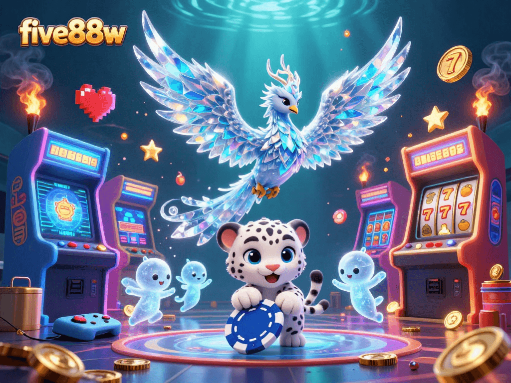 Experience thrilling wins at five88w with a vibrant 3D casino scene featuring an ice phoenix and playful gaming elements.