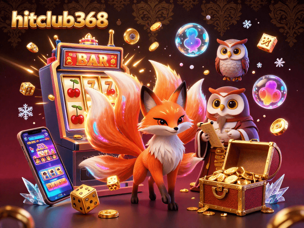 Experience the vibrant excitement of hitclub368 with a lively 3D casino scene full of colorful characters and jackpot elements.