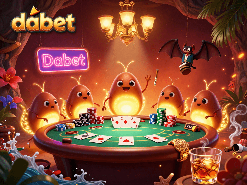 Join dabet gamblers in a vibrant 3D casino scene with glowworms and intense poker action.