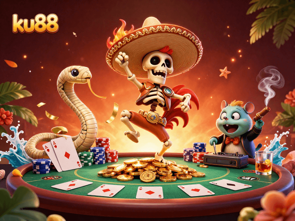 Experience the excitement of ku88 with a vibrant gaming scene featuring a mariachi rooster, mummy snake, and DJ.
