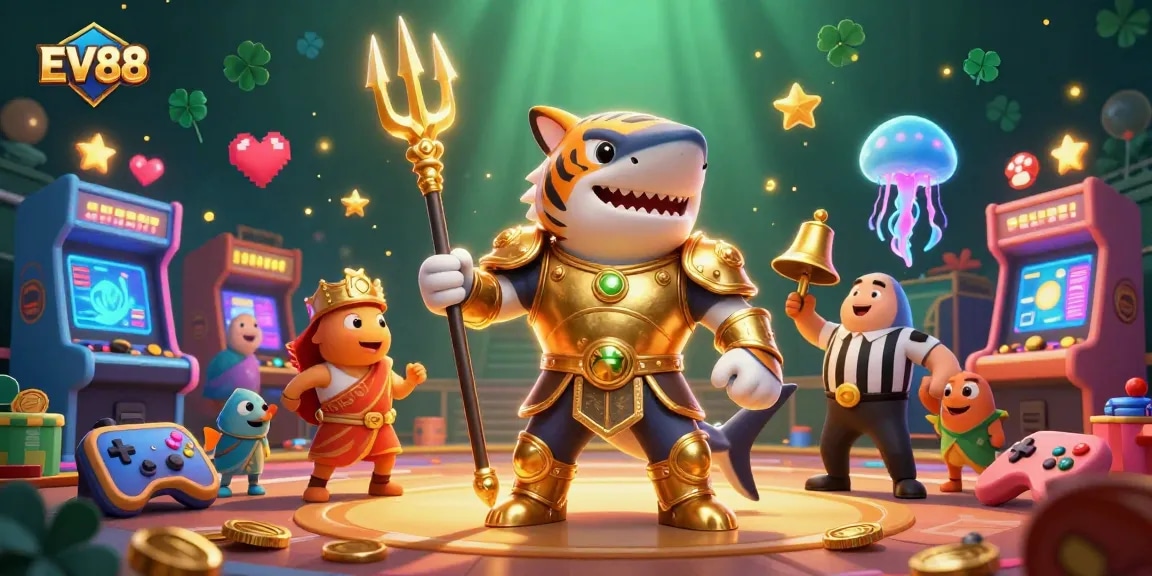 Experience thrilling excitement at EV88 with a fierce golden shark gladiator and exciting gaming elements.