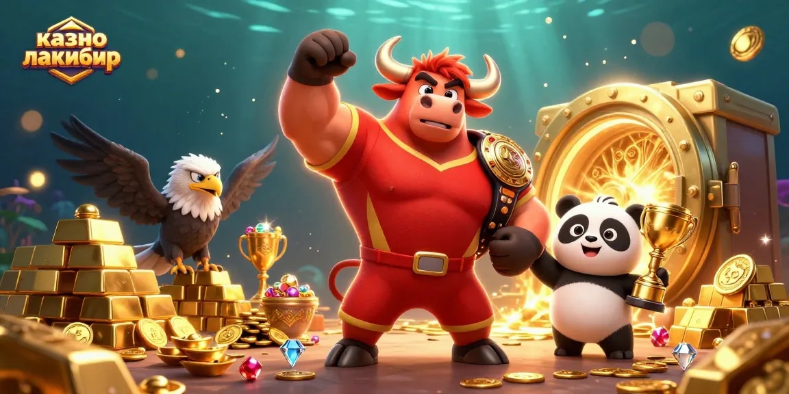The dynamic scene showcases казино лакибир with a muscular bull, eagle, and panda celebrating a jackpot with gold and sparkling gems.