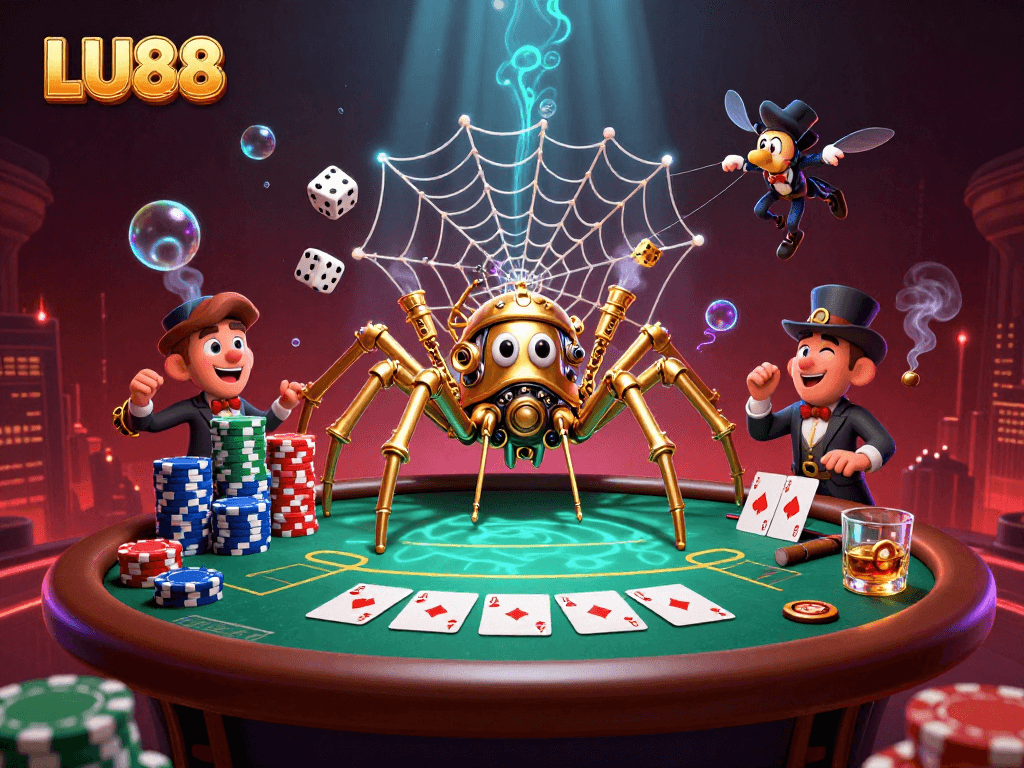 LU88 captures the thrill of poker with a steampunk spider and vibrant casino elements.