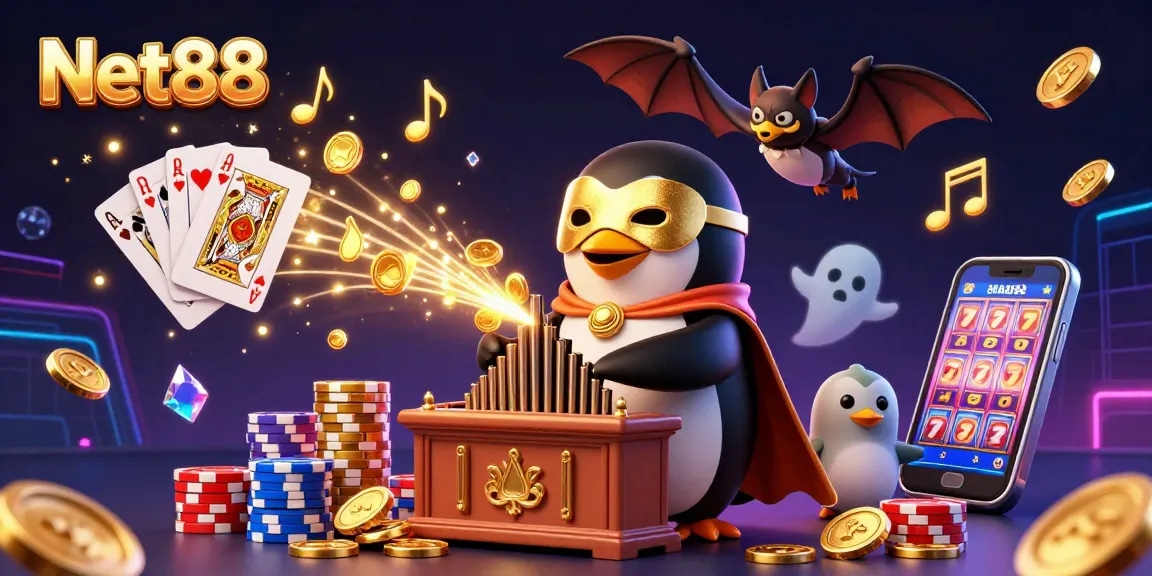 Net88 casino scene featuring a phantom penguin playing a gold organ with coins and sparkles.