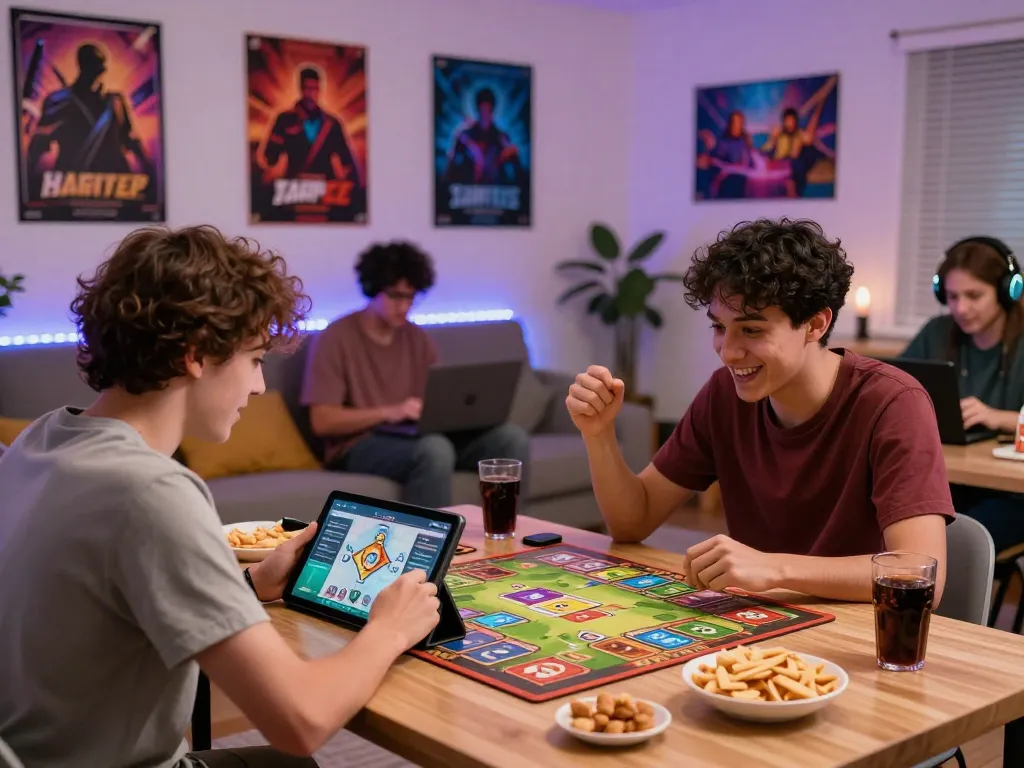 Engaged player enjoying tải sunwin on a tablet in a vibrant gaming setup with friends.