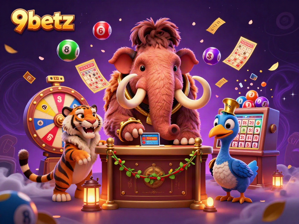 Experience the vibrant energy of 9betz, where a bouncer checks IDs at the casino entrance amid a colorful lottery scene.