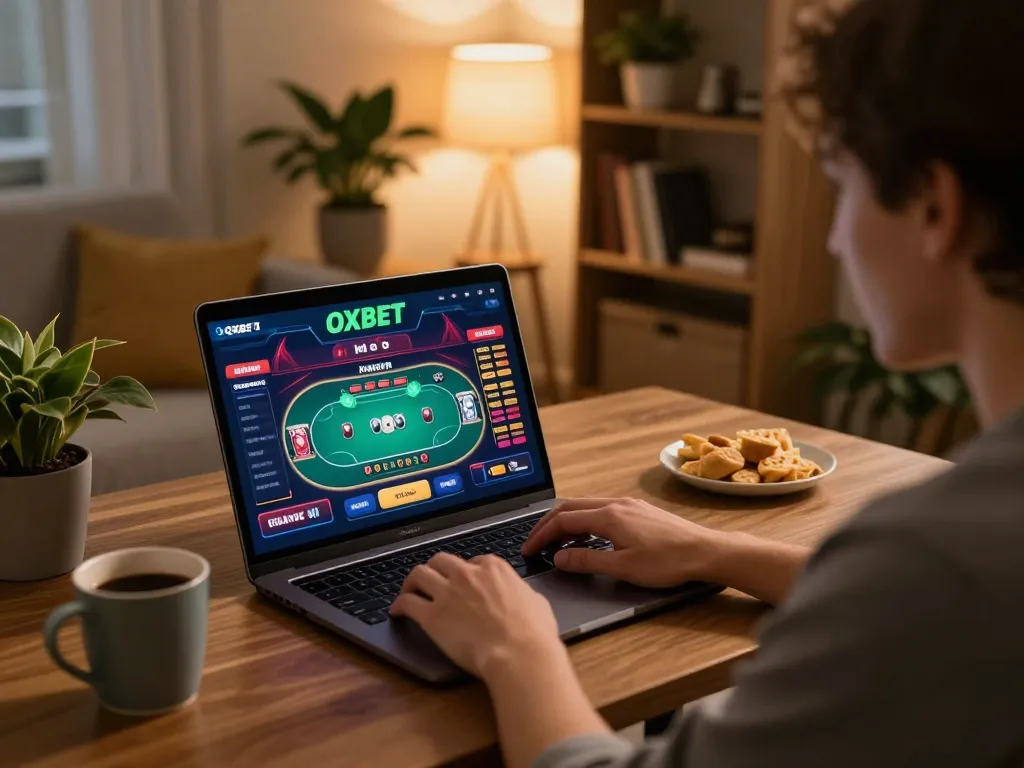 Engaging in gameplay on OXBET casino platform from a cozy home setup.
