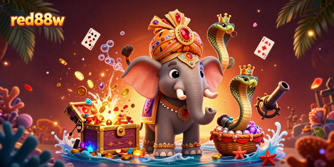 Experience the thrill of gaming at red88w with a vibrant illustration of an elephant and tiger amidst treasure.