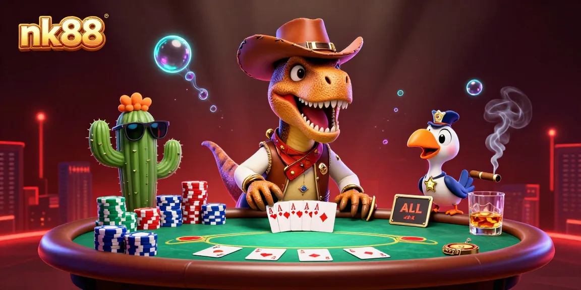 nk88 showcases a dynamic poker scene with a cartoon T-Rex and friends winning at cards.