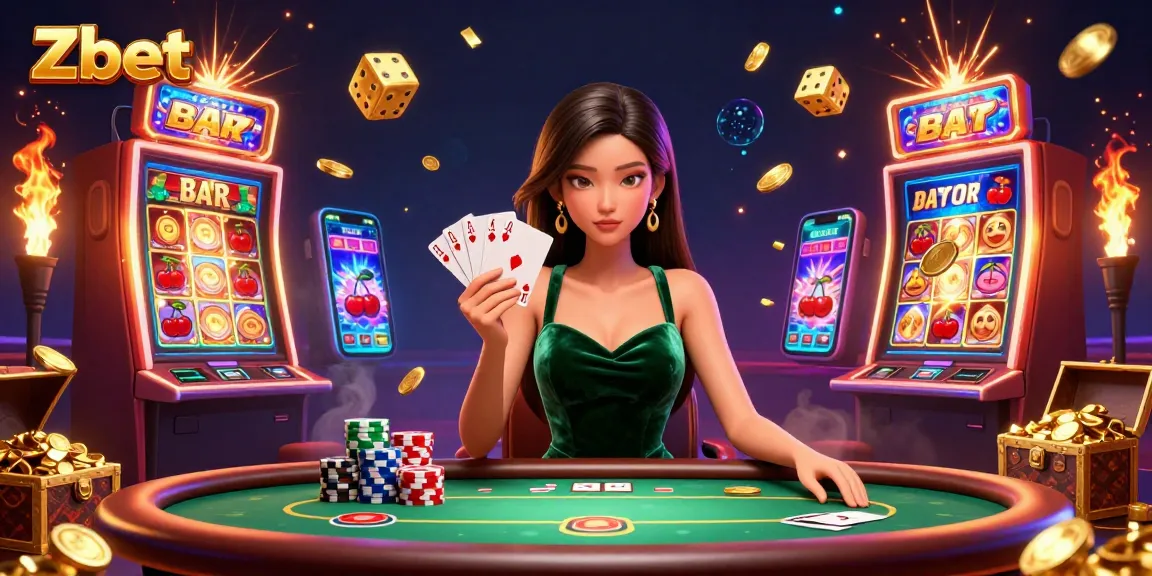 Zbet offers exciting gameplay with a beautiful Asian woman at a poker table, surrounded by vibrant casino elements.