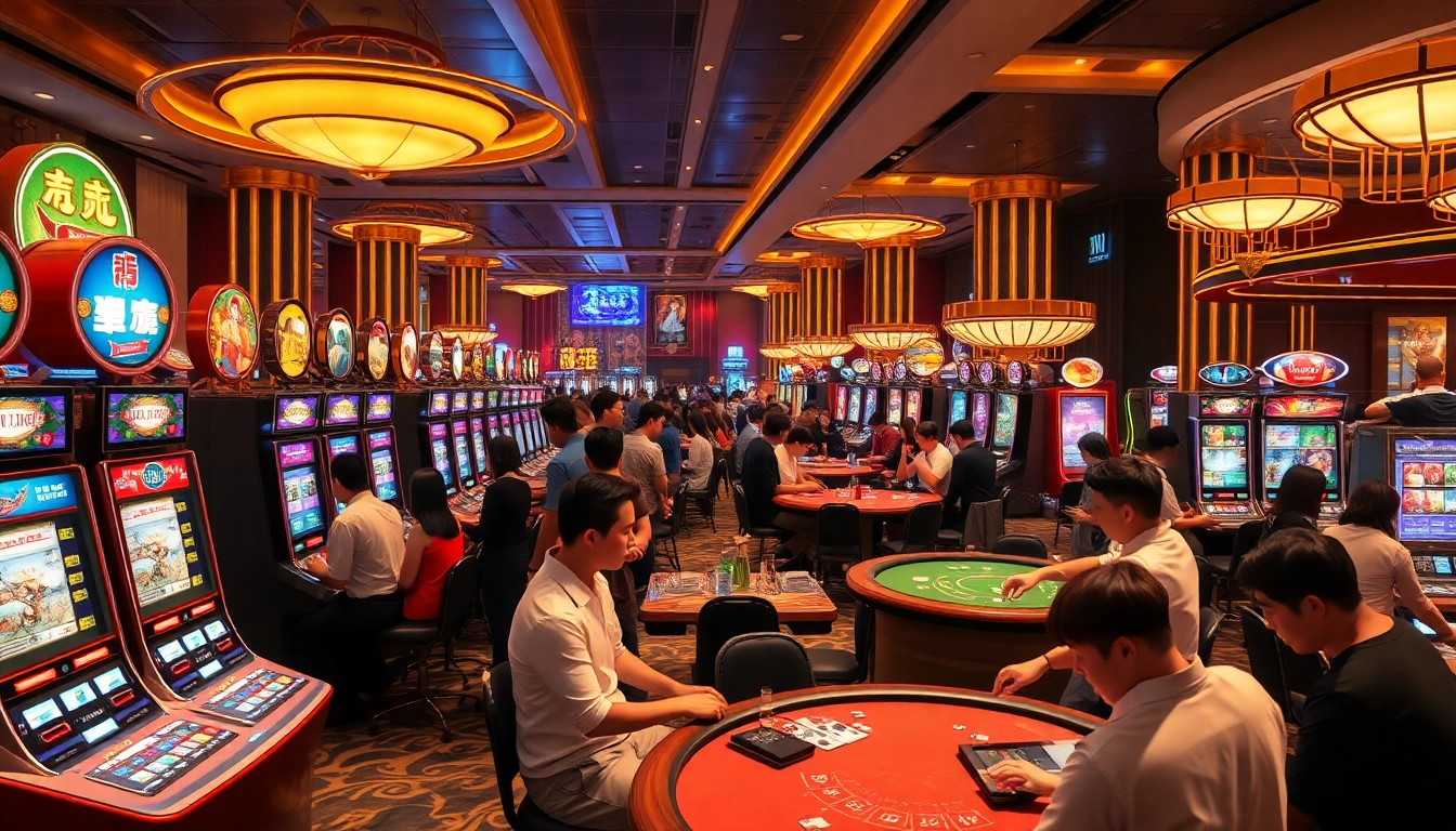 Dynamic casino gaming scene at nhà cái mmoo showcasing diverse players, vibrant slot machines, and elegant tables.