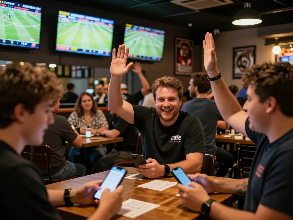 Excited bettors engaging with the 7me mobile app while celebrating a winning sports bet.