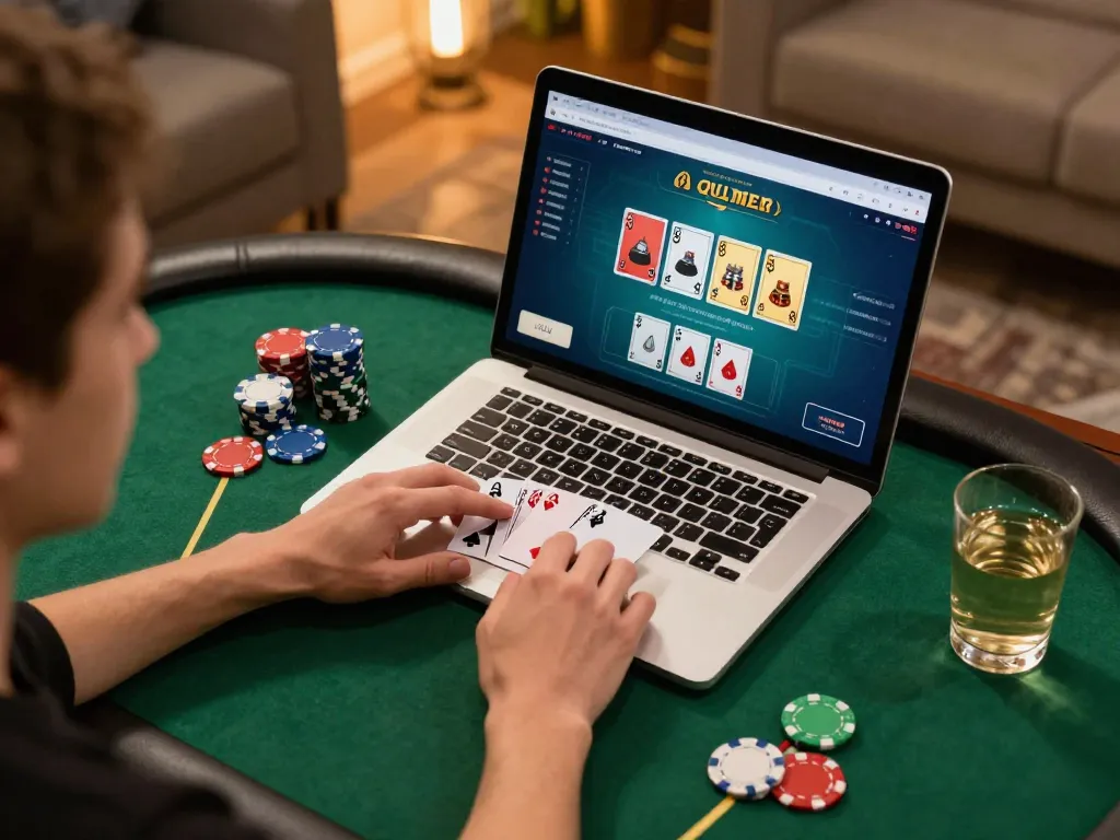 Play poker online at XOCDIA88 with a cozy setup, showcasing strategic gameplay and fun.