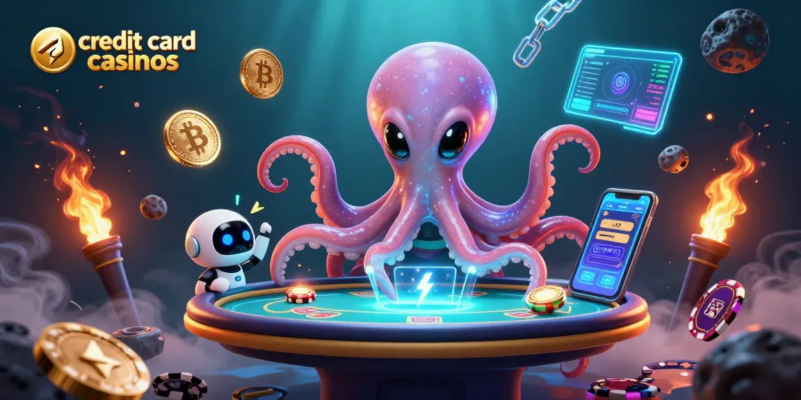 Experience exhilarating gameplay at credit card casinos with a vibrant 3D illustration of an alien octopus at a poker table.