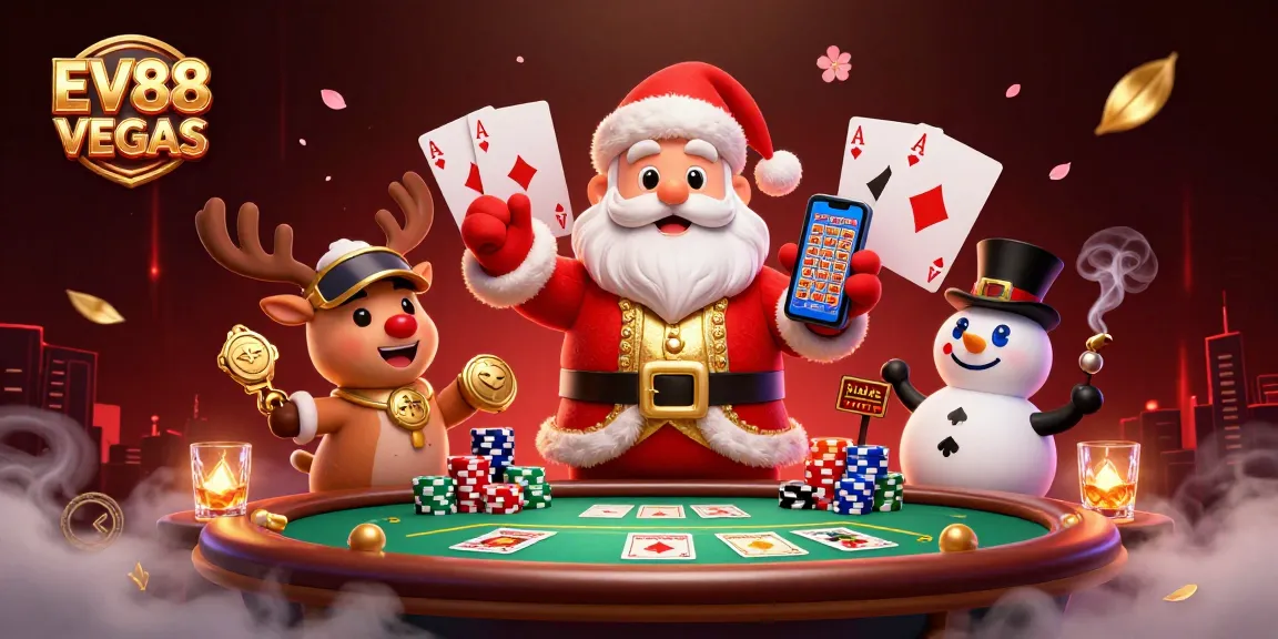 Spin to win at EV88 VEGAS as Santa celebrates with a jackpot smartphone and friends.