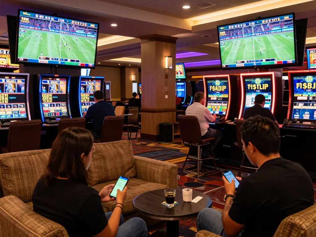 Tỷ lệ kèo trực tuyến showcased in a lively sports betting lounge, patrons strategizing their bets