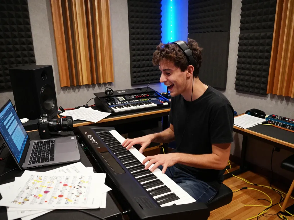 Young musician showcasing the versatile go 88 digital piano in a lively music studio.