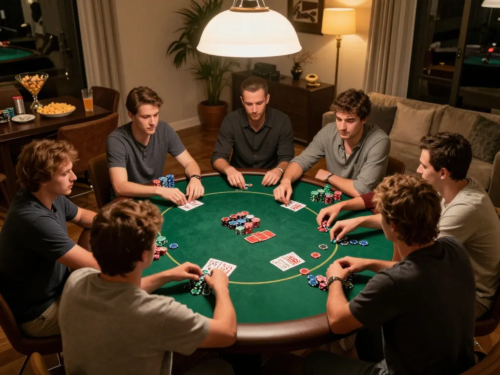 Players enjoying a friendly poker game night at home with 68 Game Bài, showcasing cards and chips.