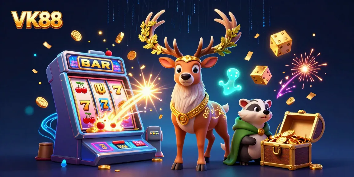 Experience the excitement of VK88 with dynamic casino elements and magical illustrations showcasing winning moments.