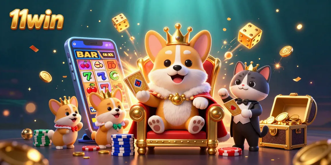 Experience the excitement of 11win casino with a dynamic scene featuring a royal corgi surrounded by vibrant gaming elements.