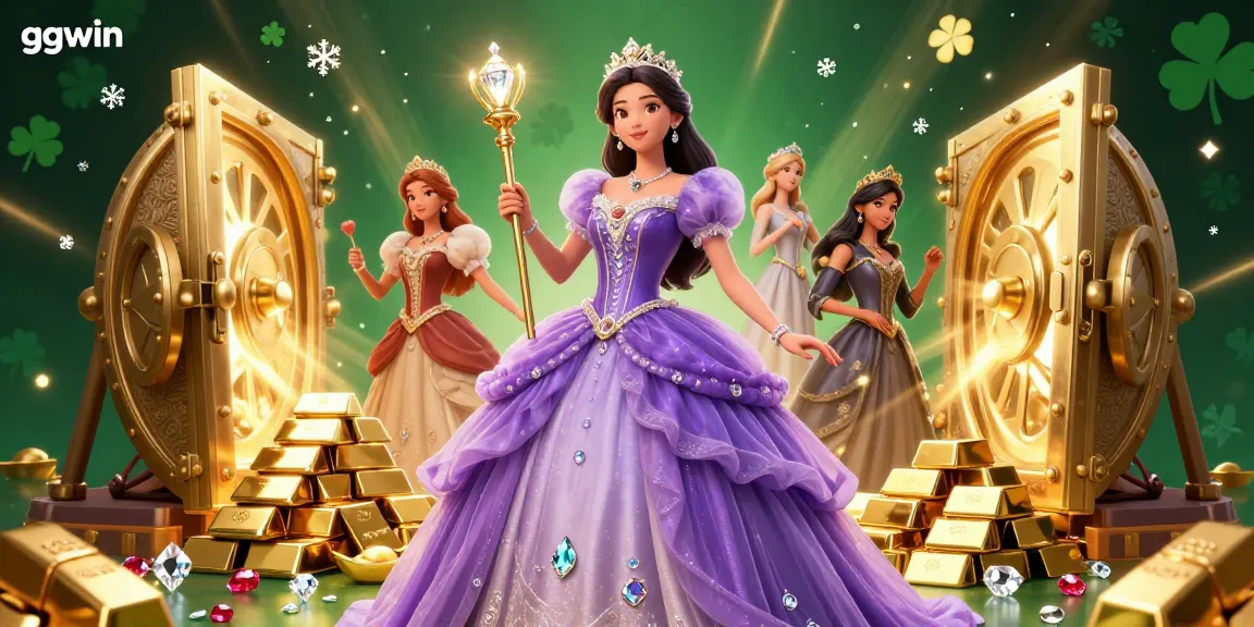 Winning big at ggwin with a royal lady amidst treasures and dazzling gems in a vibrant casino scene.