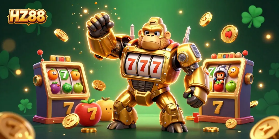 Experience thrilling slots action at HZ88 with a dynamic 3D gorilla mech and lively game elements.
