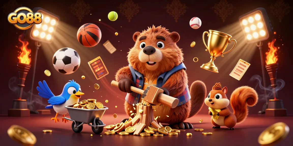 Engage in thrilling gaming adventures at GO88 while cartoon characters stack golden coins and showcase exciting sports!