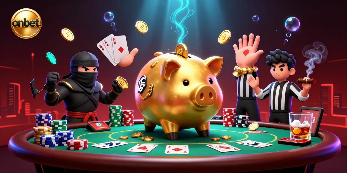 Engage in exciting gameplay at onbet. with a sumo wrestler piggy bank and poker elements.