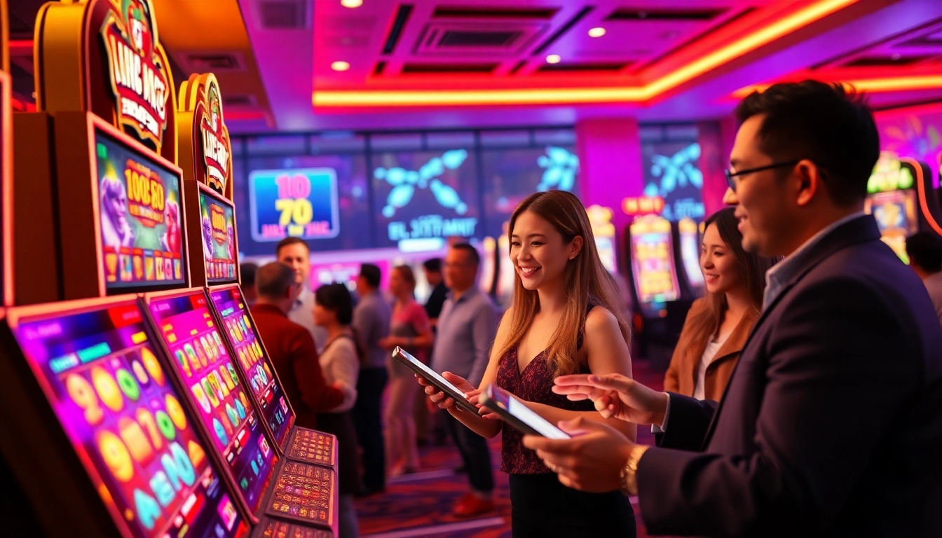 Nổ Hũ gaming experience in a vibrant online casino setting showcasing excitement and joy.