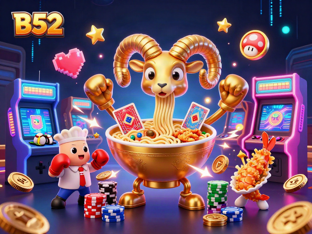 B52 engages players with a golden ramen bowl dealer, colorful arcade machines, and vibrant casino elements.