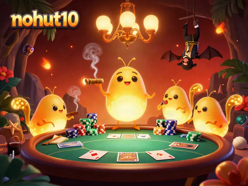 Experience the vibrant world of nohut10's online casino slots with this enchanting scene filled with glowworms and a bat dealer.