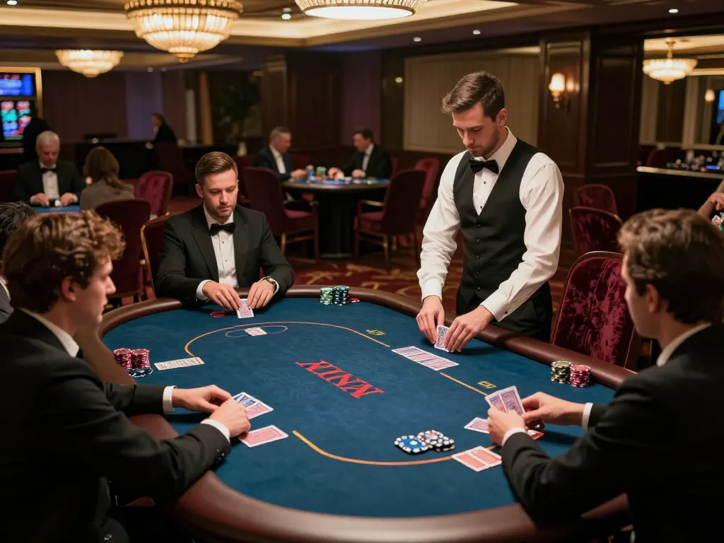 Engaged players at https://vipwin79.net/ professional poker table in an upscale casino setting.