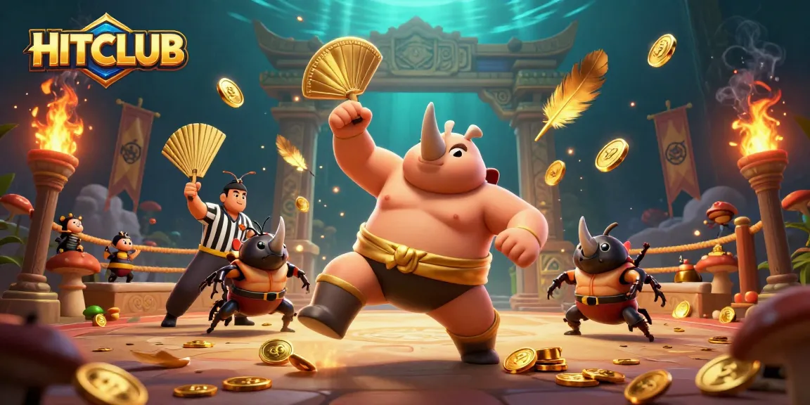 Engage with HITCLUB's exciting gaming experience featuring a sumo beetle champion amidst a vibrant casino scene.