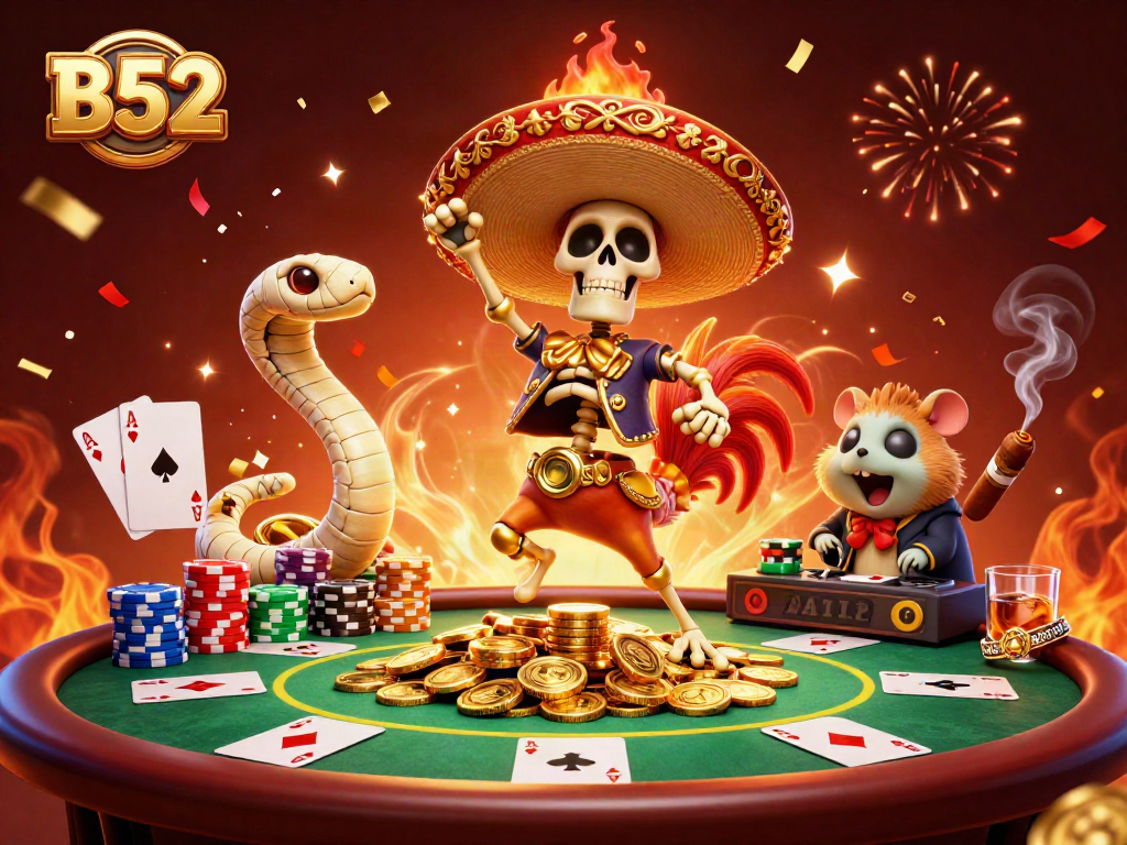 Engage in B52 gaming excitement with a vibrant casino-themed scene featuring animated characters and poker elements.