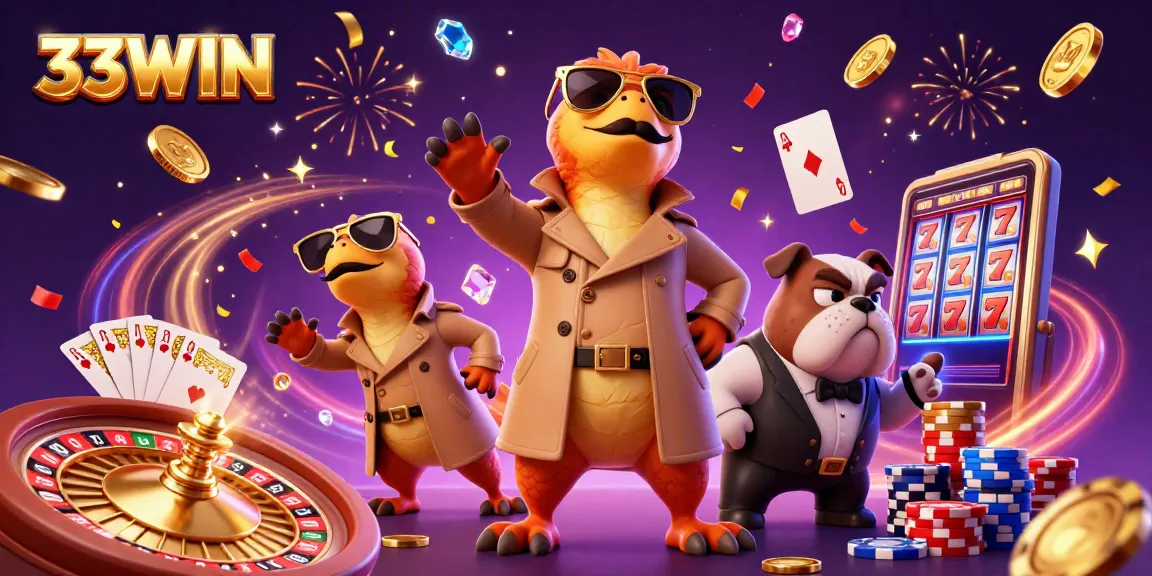 33WIN raptors entering VIP casino lounge amidst golden coins and roulette action.