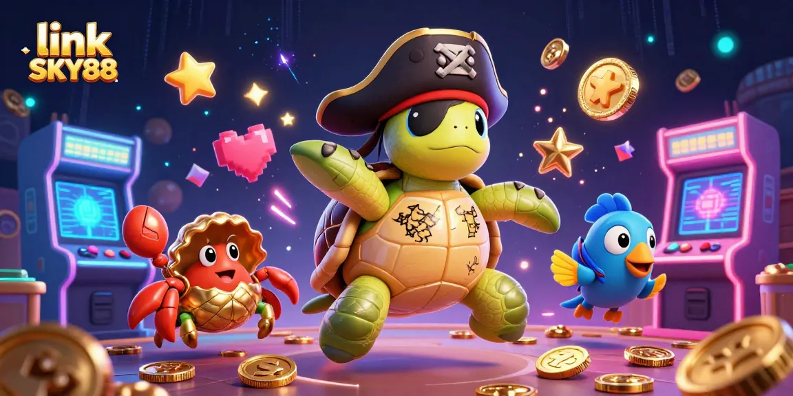 Engage in excitement with link SKY88, featuring a pirate turtle and colorful casino elements.